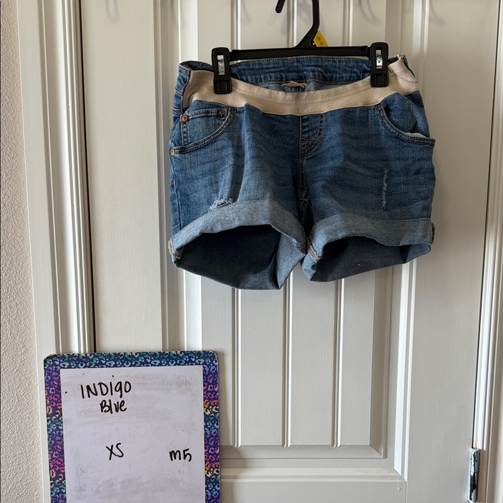 Indigo Blue Women's Denim Jean Shorts in Blue with Cream Waistband Maternity